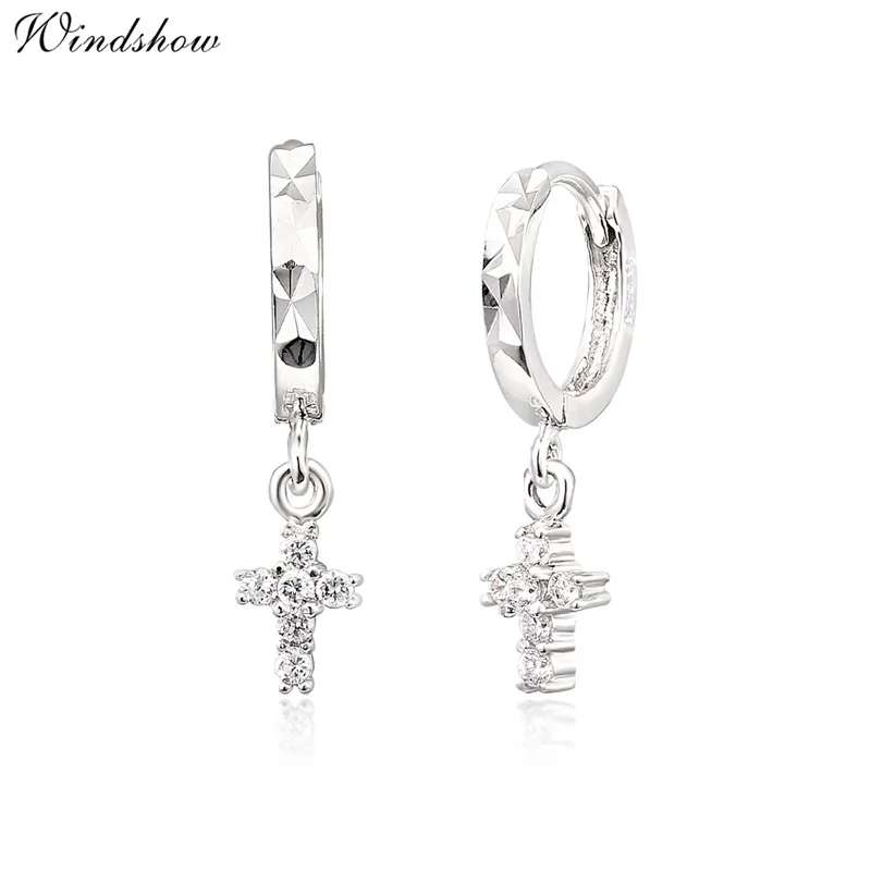 

Real 925 Sterling Silver CZ Cross Charm Drop Small Circle Huggies Hoop Earrings Cute Jewelry For Women Girls Kids Children Gift