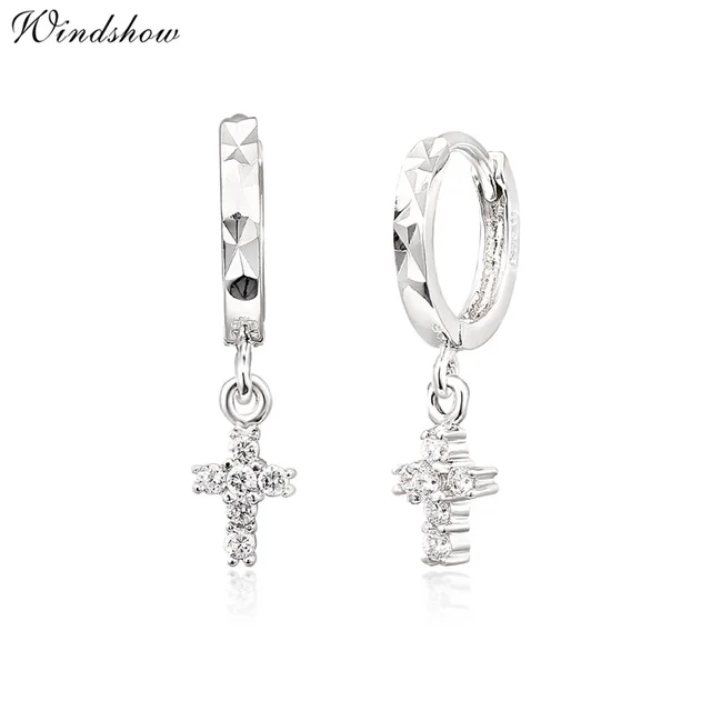 Real 925 Sterling Silver Cz Cross Charm Drop Small Circle Huggies Real 925 Sterling Silver Cz Cross Charm Drop Small Circle Huggies Hoop Earrings Cute Jewelry For