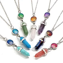 

Natural Stone Crystal Pendants Necklaces for Women Silver Color Mermaid Scales Fish Scale Hexagonal Column Choker Necklace 2018