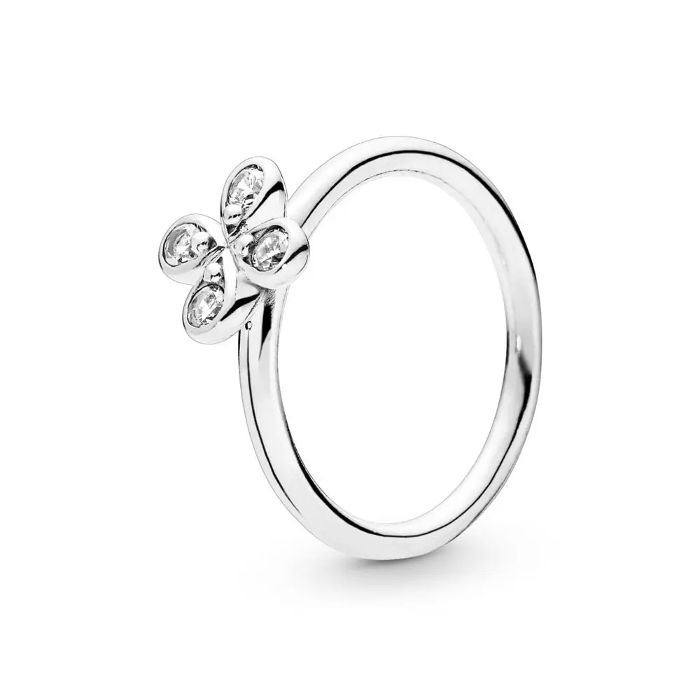 

2019 Spring Garden Four-Petal Flower Ring Charms 925 Sterling Silver Original Ring with Clear CZ Setting for Women Jewelry.