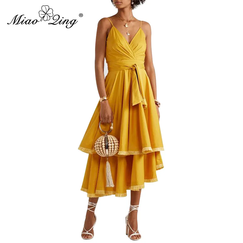 

MIAOQING fringedpatchworksleevelessdress for women with high shoulder bandage asymmetrical mid-length dress for women summer new