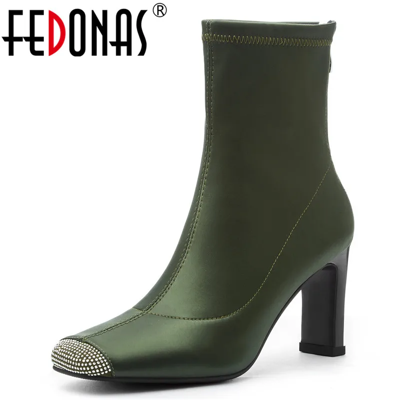 

FEDONAS Fashion Women Brand Autumn Winter Silk Solid Crystal Decoration Ankle Boots New Square Toe Strange High Heels Zip Shoes