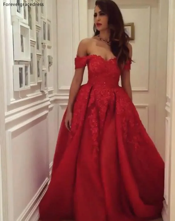 Vintage Red Arabic Formal Evening Dresses Off Shoulders A Line Tulle Lace Appliqued Beaded Prom Dress Red Carpet Dress Wear BC0595 145 (2)