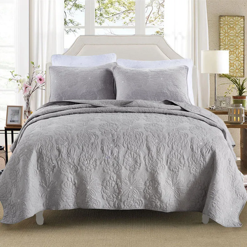 Quality Gray Embroidered Quilt Set 3pcs Bedspread Bedding Cotton