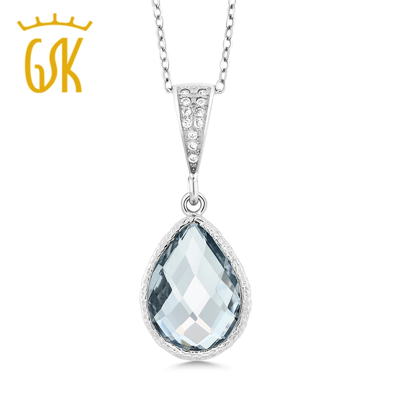

GemStoneKing Pear Shaped Checkerboard Cushion Simulated Aquamarine 925 Sterling Silver Pendant Necklace For Women