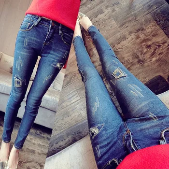 

2017 New Pattern Korean Holes Patch Flash Blue Jeans Woman Nine Part Bound Feet Pencil Pants
