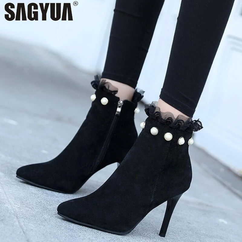 

NEW 2018 Women Lady Winter Sweet Pearl Adorn Martin Ankle Short Boots Slip On Bottine Stilettos Heel Platform Shoes Booties T858
