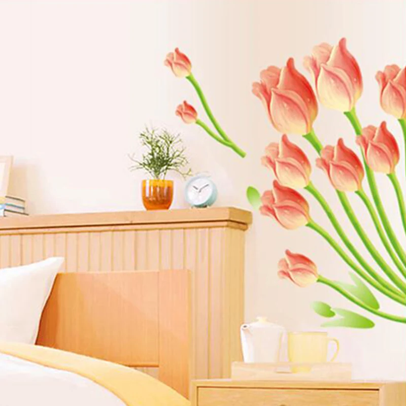 Романтические тюльпаны наклейки на стену для гостиной, спальни, дивана, телевизора, фона, наклейки, сделай сам, Фреска, искусство, домашний декор, ПВХ, свадебные украшения