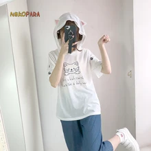 Кавайная Женская летняя футболка с коротким рукавом и кошачьими ушками Nekomimi, свободная повседневная футболка, топы белого и желтого цвета