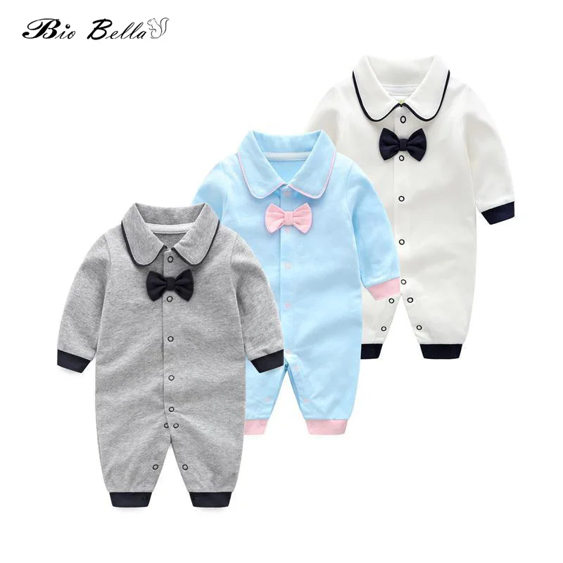 

Infant Baby Boys Gentleman Romper Long Sleeve Solid Color Casual Jumpsuit Overalls Boys Outfits Baby Body with Bowtie