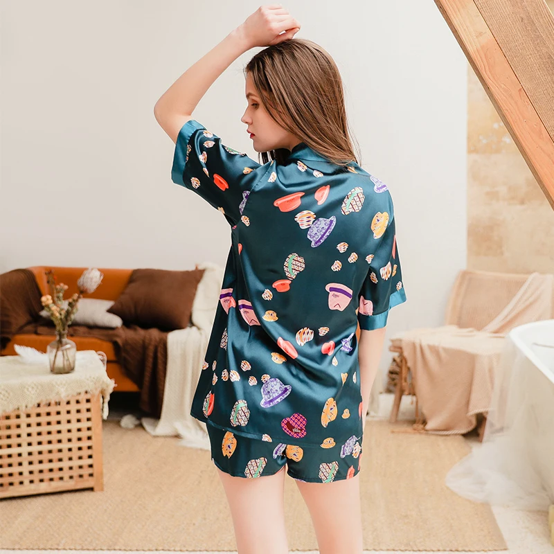 Shetelisi Print Satin Women Pajama Sets Stripes Camisole with Elastic Waist Short Pants Long Sleep Shirt Femme Pajamas sp0102