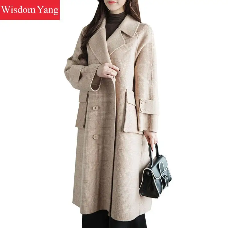 Hiver Moutons De Khaki Survêtement Tendance La Pardessus Coat Manteau Plaid Coréen Taille Femmes Poches Chaud Élégant Long Laine Kaki Manteaux Plus qXFTdXw