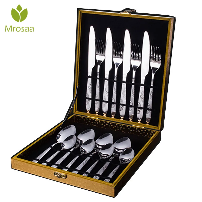 

Mrosaa 16Pcs Stainless Steel Fork Spoon Knife Cutlery Set with Case Steak Knife Coffee Spoon Scoop Tableware Flatware Kit Gift