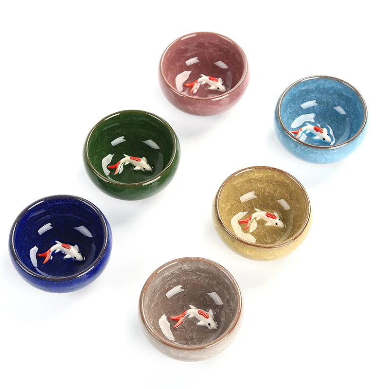

6pcs Ceramic 3D Golden Fish China tea cup set,Crackle Glaze Travel Tea Bowl Chinese Porcelain Teacup Sets Kung Fu Tea Set
