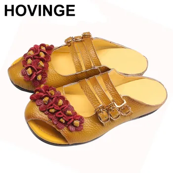 

HOVINGE Summer Flat with Shoes Woman Genuine Leather Soft Outsole Open Toe Sandals Flat Women Shoes Fashion Women Sandals