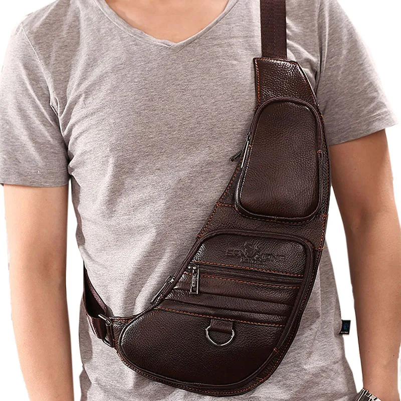 font b Men b font Cowhide Genuine Leather Sling Chest font b Bag b font