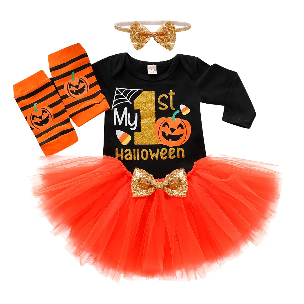 

Baby Girls First Halloween Clothes Sets Toddler Newborn Outfits Letter Romper Tulle Skirts HairBand Leg Warmer kit babyborn