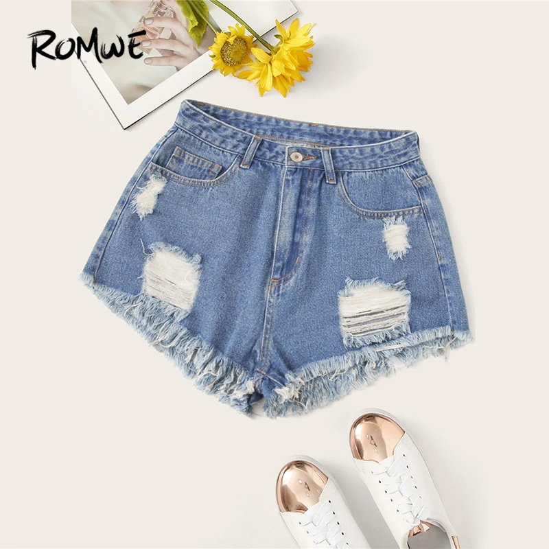 

ROMWE Ripped Detail Frayed Edge Denim Shorts Blue Solid Button Zipper Fly Women Shorts 2019 Swish Summer Mid Waist Shorts