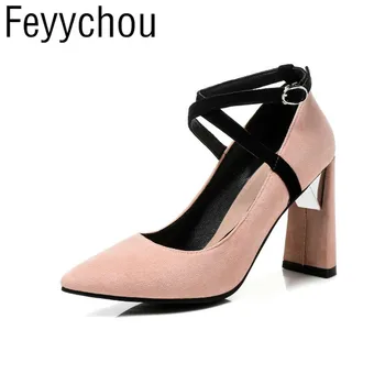 

Women Pumps Super High Heel Shoes Spring Autumn Flock Pointed Toe Buckle 2018 Fashion Casual Dress Office Black Pink Yellow Red