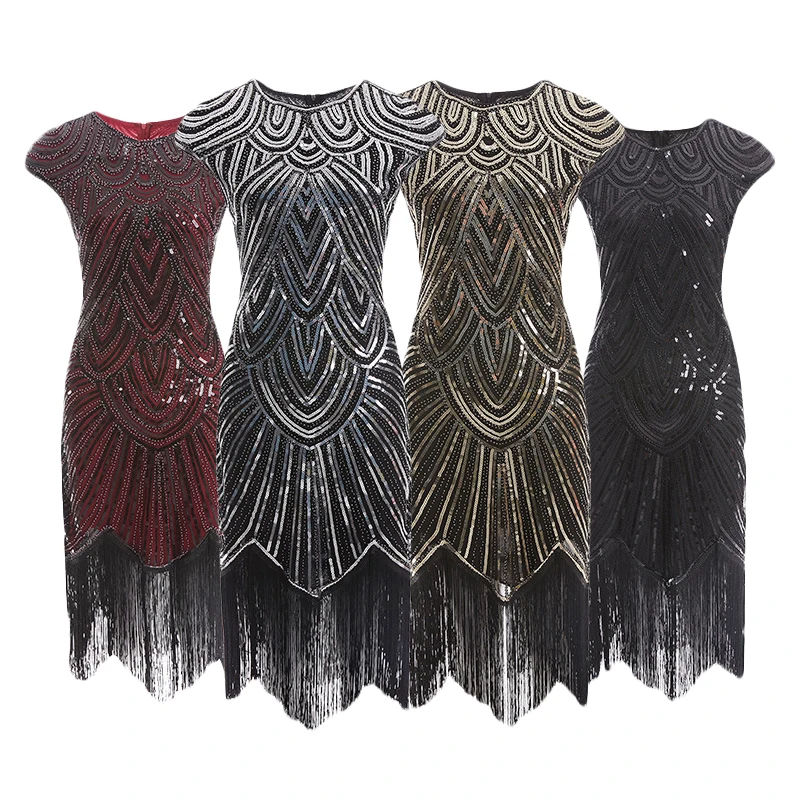 Женские винтажные вечерние платья в стиле Грейт Гэтсби, с v-образным вырезом, с рукавом, с блестками, с бахромой, миди, летние платья, украшенные в стиле арт-деко, 1920s