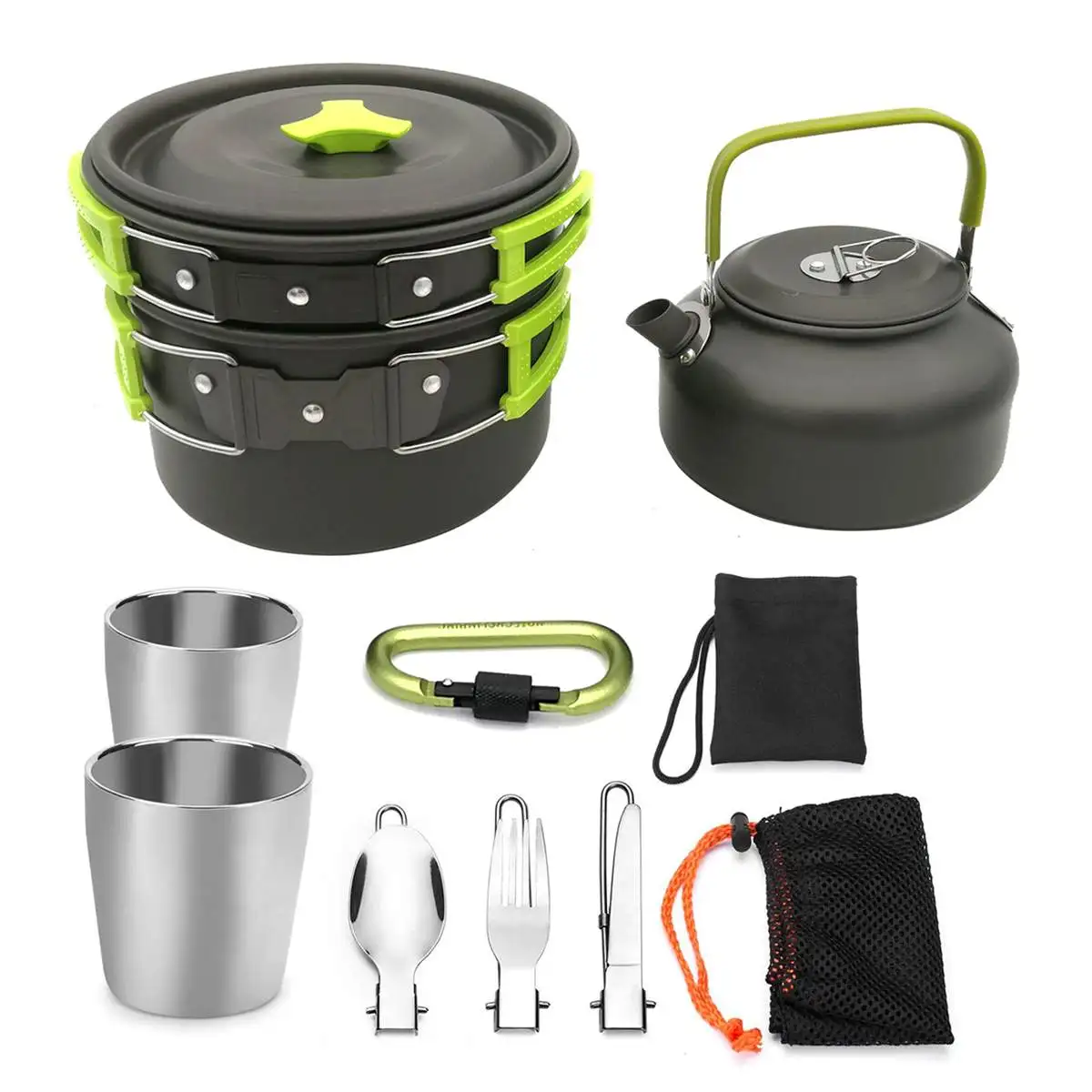 

11pcs/Set 2-3 People Portable Outdoor Tableware Mess Kit Cookware Set Kettle Cup Pot Set for Camping Hiking Picnic Travel