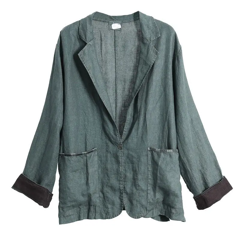 

Retro Leisure Summer Tops Slim Linen Blazer Coat Plus Size Lapel Loose Casual Jacket Korean Blusas verano mujer 2019 Shir f1166