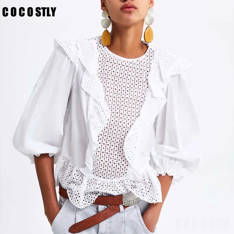

2019 women vintage o neck lace patchwork hollow out embroidery kimono blouses shirt chic ruffles femininas blusas tops