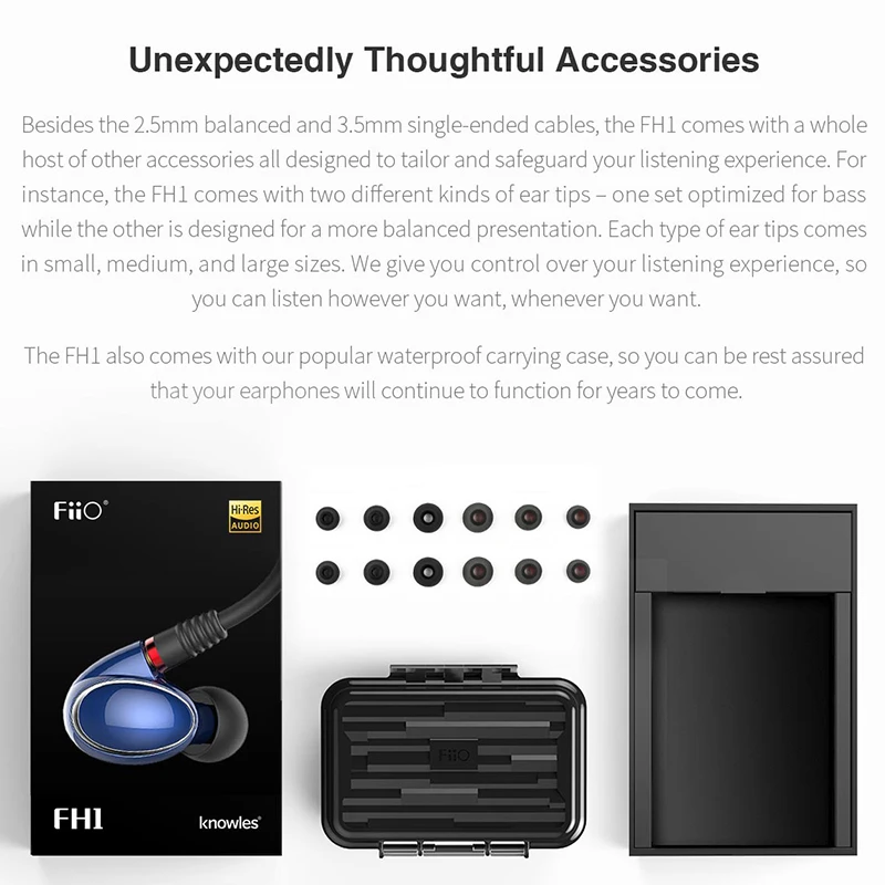 FiiO FH1 Knowles Driver Balanced Armature-Dynamic Hybrid In-ear Earphones With 2.5mm Blacnced And 3.5mm Mic Cable