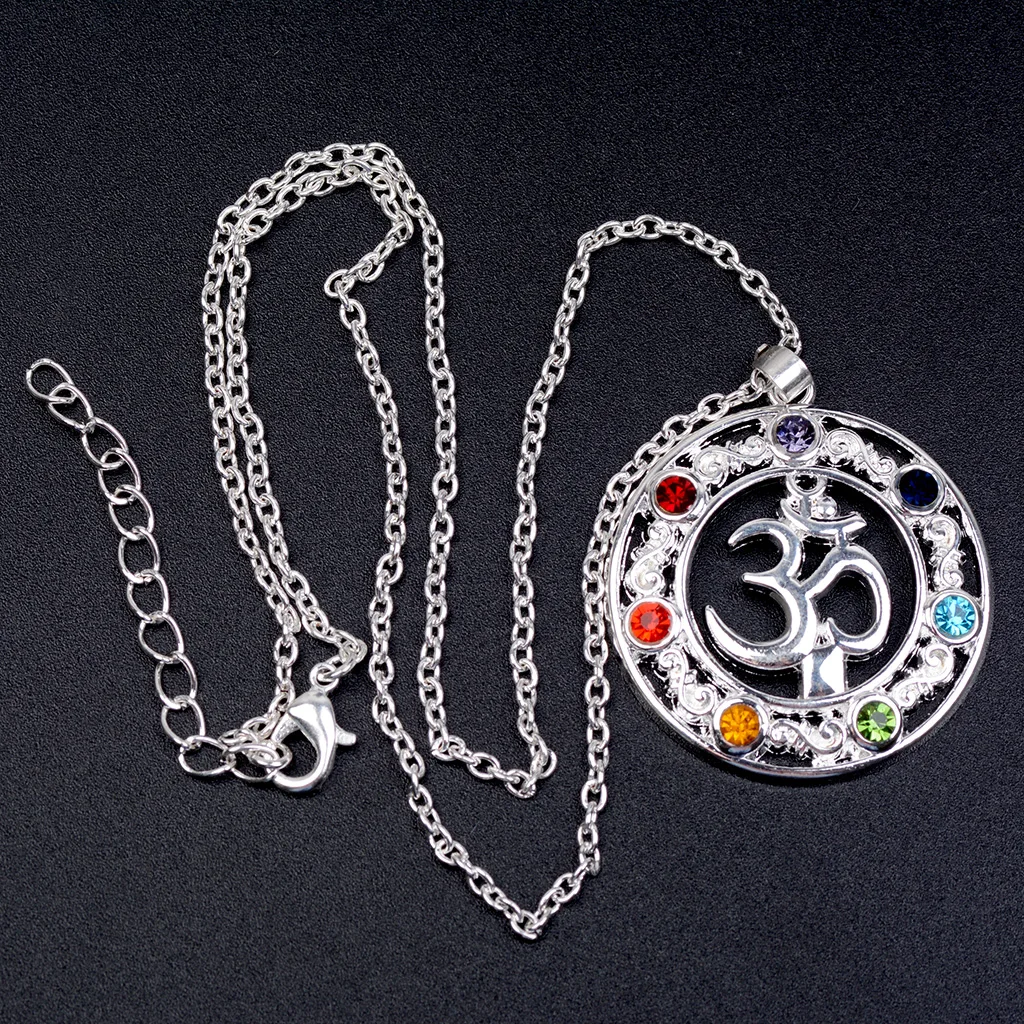 Colorful Rhinestone Om Aum Symbol Pendant Hindu Yoga Necklace Men Women
