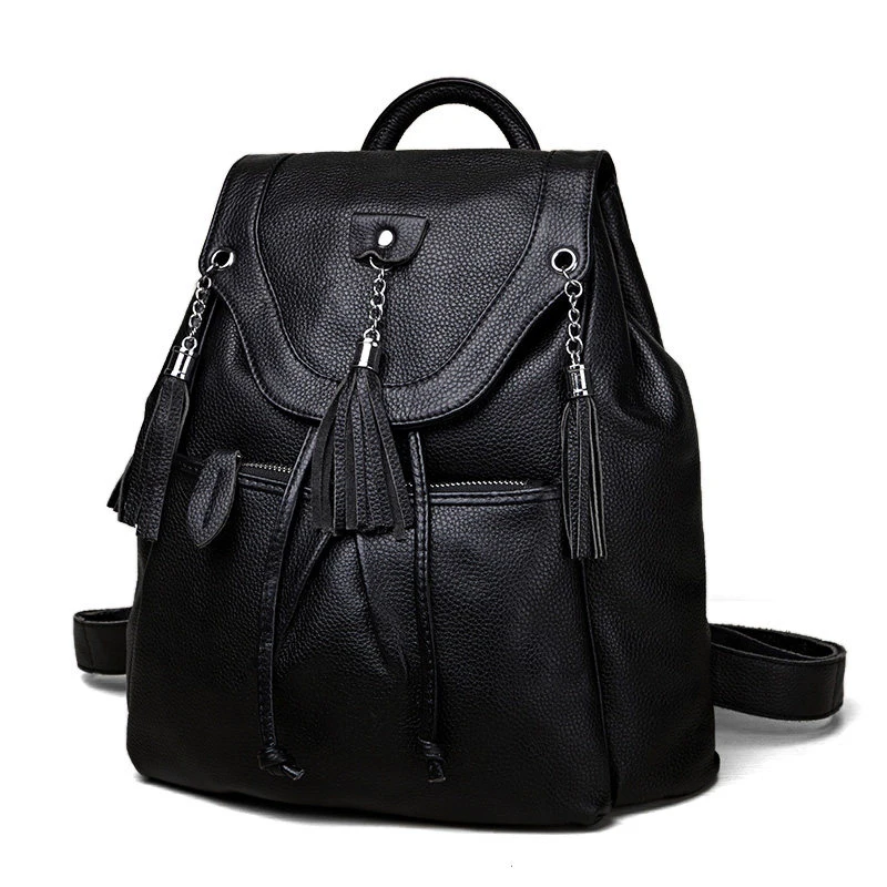 Tassel Ornament Black Backpack Women Fashion Genuine Leather Packsack Plain Drawstring Bag Preppy Style Casual Black New Daypack