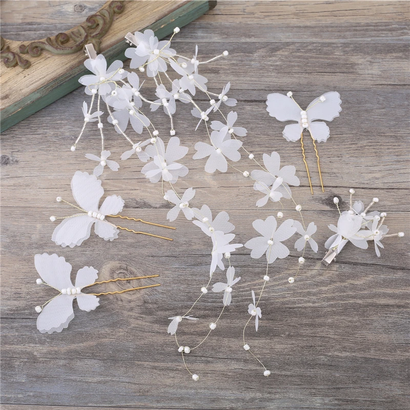 

2018 white crepe clip Butterfly hairpins long barrette Hair ornament handmade bridal hair jewelry wedding accessories