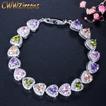 

CWWZircons Romantic Women Engagement Jewelry Multi Colored Heart Shaped Cubic Zirconia Bracelet Bangle for Wedding Bride CB167