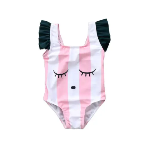 

Infant 2018 Kids Romper Flare Short Sleeve Newborn Kids Baby Girls Cartoon Stripes Clothes Eyelash Bathing Suit