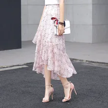 Популярная летняя необычная элегантная женская юбка с цветочным принтом, длинные тонкие женские юбки, открытые новые модные шифоновые юбки