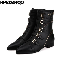 Осенние ботинки в стиле панк-рок с металлическими вставками; Женская Осенняя обувь черного цвета с заклепками и острым носком на плоской подошве; обувь из натуральной кожи; Брендовая женская обувь; Новинка