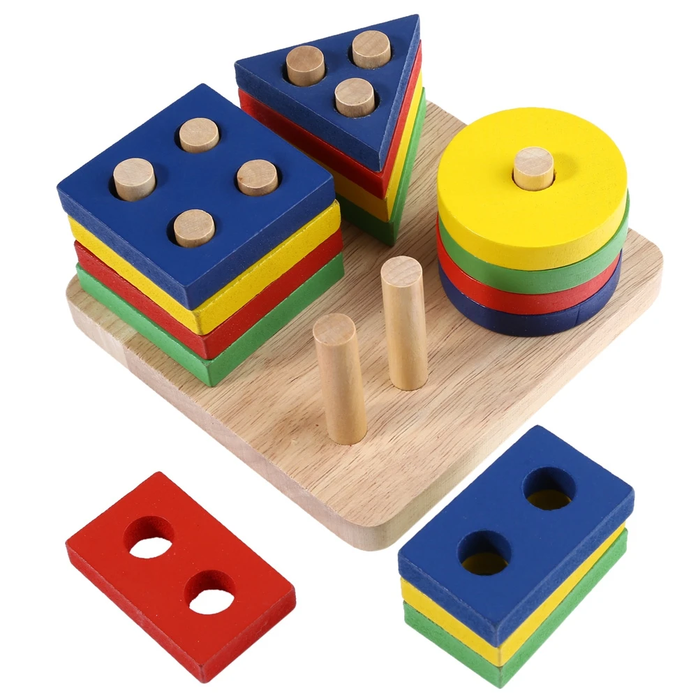 

Bright Colorful Multicolor Wooden Geometric Sorting Board Pillars Building Blocks Toys for Kids Parent-child Learning Education