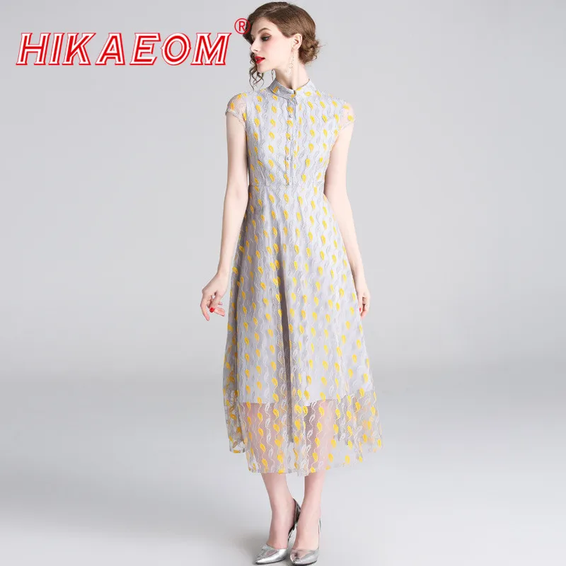 

Long Bohemian Dresses Stand Collar See Through Net Lip Print New Style Single-breasted Embroidered Lace Wholesale Dress Summer