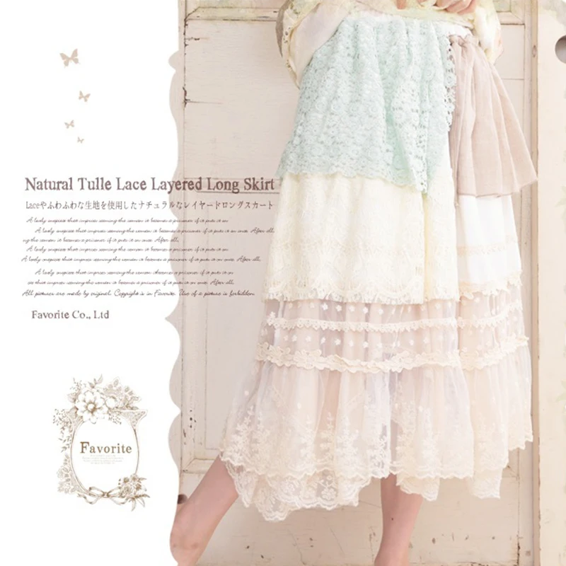 

Spring Japan Mori Girl Original Tulle Lace Flower Hollowed Layered Ruffle Skirt Women Loose Cotton Linen Patchwork Skirts V194