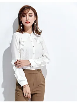 

Office Lady Blouse Ruffles Solid Office Ladies Blouses For Women Long Sleeve Elegant Fashion Button Tops blusas femininas F043