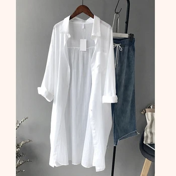 

long white shirts women loose v-neck long-sleeved sun-proof 100% cotton cardigan lady shirts outwear tops