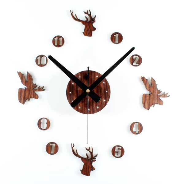 European Style Retro Pastoral Style Wood Deer Head DIY Wall Clock in