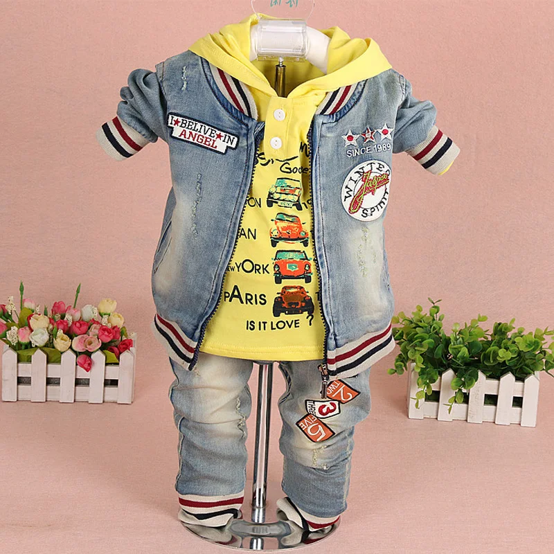 Комплект джинсовой одежды для маленьких мальчиков, одежда для малышей, 3 шт., Модный комплект высокого качества с капюшоном для мальчиков, костюм для малышей 0, От 2 до 3 лет