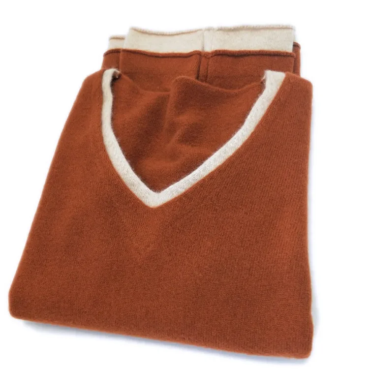  high grade 100%goat cashmere v-neck knit women fashion patchwork pullover sweater loose H-straight 