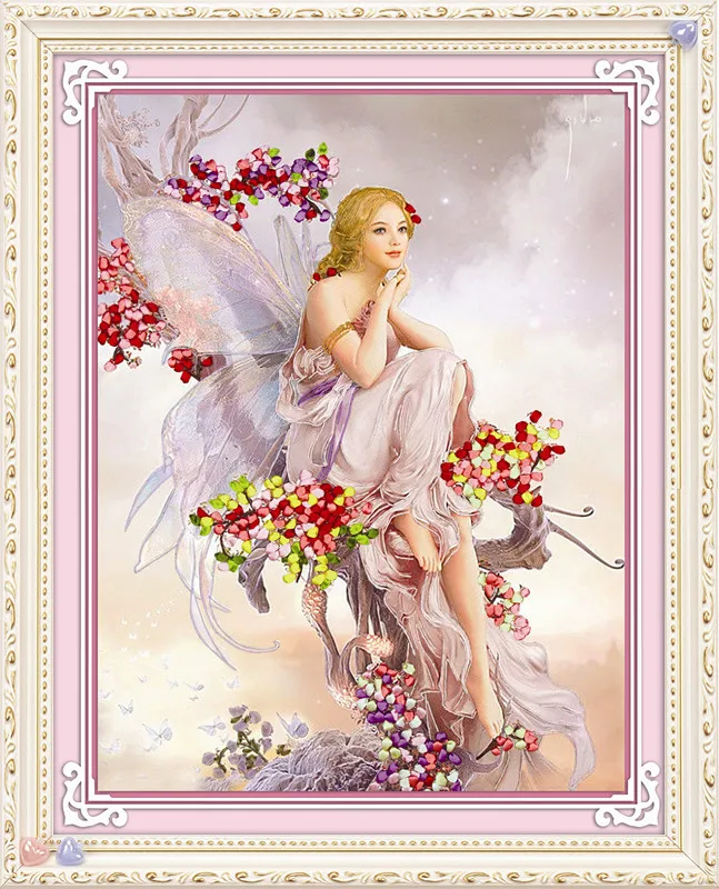 

Needlework,DIY Ribbon Cross stitch Sets for Embroidery kit,Fairy girl wings flower ribbon Cross-Stitch handwork wedding kit