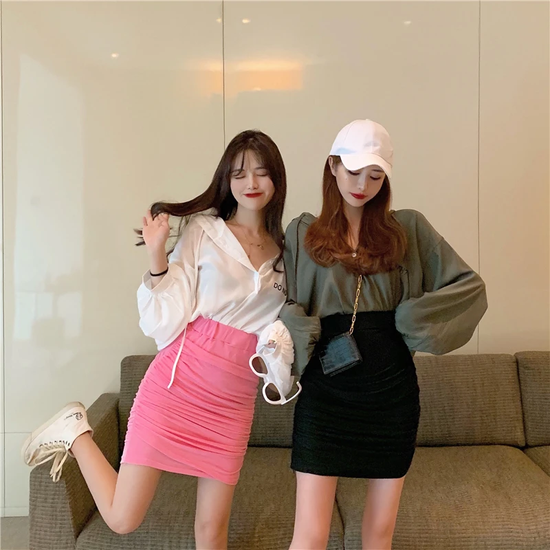 

Pink Outfit 2 Two Piece Skirt Set Loose Hooded Long Sleeve V Neck Shirt + High Waist Pleated Skirt Summer Clothes for Women Set