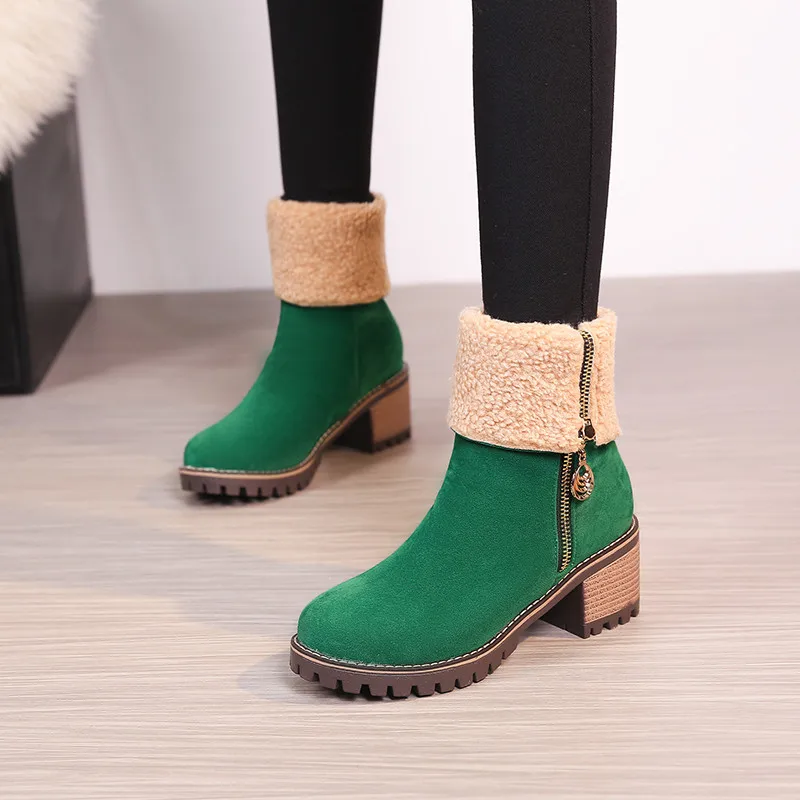 

YMECHIC 2018 Fashion Green Black Red Winter Fur Plush Footwear Woman Boots Zipper Block Heel Shoes Plus Size Ankle Snow Boots