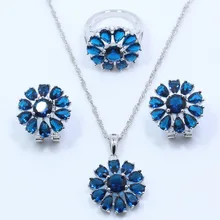 Новое поступление Синий Циркон 925 Серебряный цветок набор украшений для женщин серьги ожерелье, подвеска, цепочка кольцо JS23