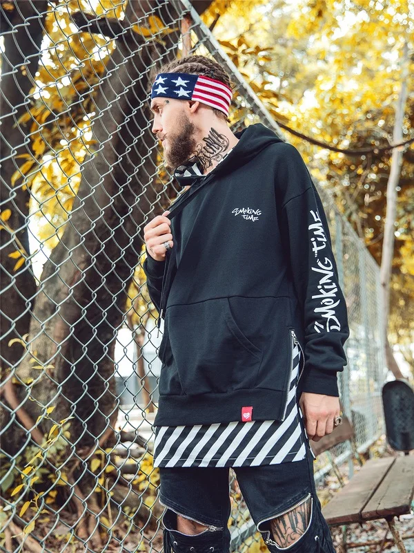 Side Zipper Stripe Patchwork Hoodies 18