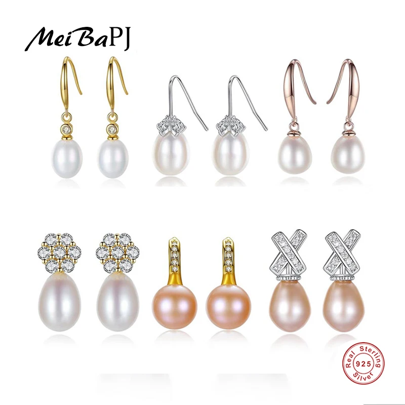 

[MeiBaPJ] Wholesale Price Natural Pearl Drop Earrings Real 925 Sterling Silver Fashion Earrings for Women