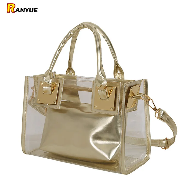 

Gold PU Leather+Clear Transparent PVC Shoulder Bags Women Candy Color Jelly Bag Women Tote Summer Beach Bag Ladies Hand Bags Set